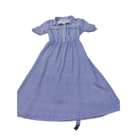 Blue & White Striped Shirt Dress By Love Blossom Button Front Elastic Waist Shor - Picture 3 of 10